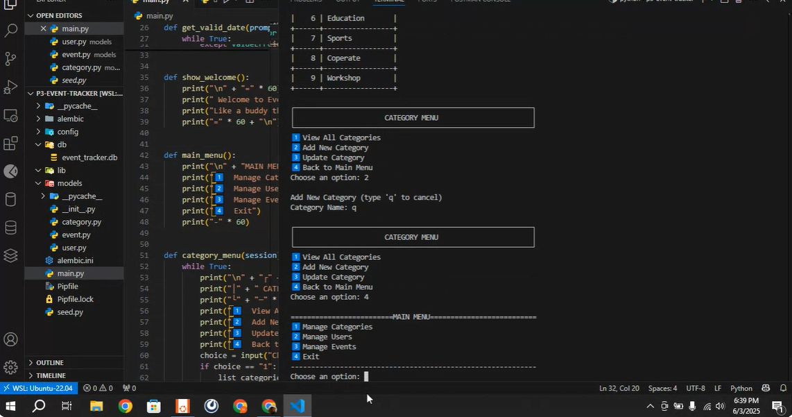 Event Tracker (CLI with SQLAlchemy)